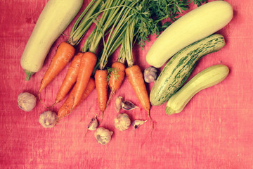 Fresh spring vegetables - zucchini, carrots, garlic on a red wooden background/healthy organic food