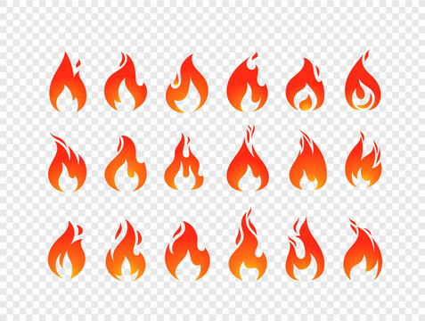 Burning flames vector set isolated on transparent background