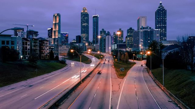 Time lapse video of car traffic moving in downtown Atlanta at night. Georgia, USA