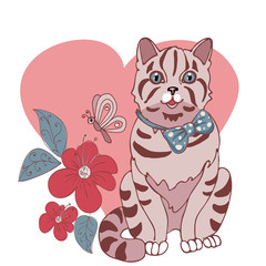 иллюстрация векторная полосатый кот на фоне розового сердечка