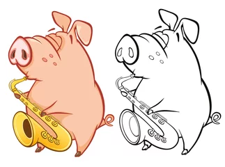 Rolgordijnen Vector Illustration of a Cute Pig Musician. Coloring Book Cartoon Character  © liusa