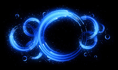 Glow neon balls. Blue space tunnel. Glint sphere. Vivid  rings. Circle frame of title place. Bright background for text. Glare abstract composition. Beautiful design of magic bubbles. 3D rendering