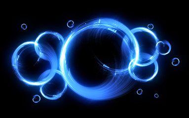 Glow neon balls. Blue space tunnel. Glint sphere. Vivid  rings. Circle frame of title place. Bright background for text. Glare abstract composition. Beautiful design of magic bubbles. 3D rendering