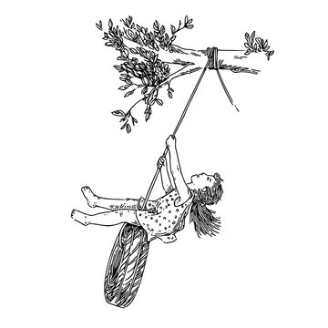 Little girl playing on tire swing. Sketch. Engraving style. Vector illustration.