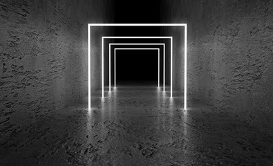 Monochrome dark background of empty space. Grunge concrete walls and floor, neon light, smoke. 3d illustration