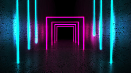 Bright multicolored grunge background of an empty room with concrete walls and floor. Pink and blue neon light, smoke. 3d illustration