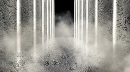 Monochrome dark background of empty space. Grunge concrete walls and floor, neon light, smoke. 3d illustration