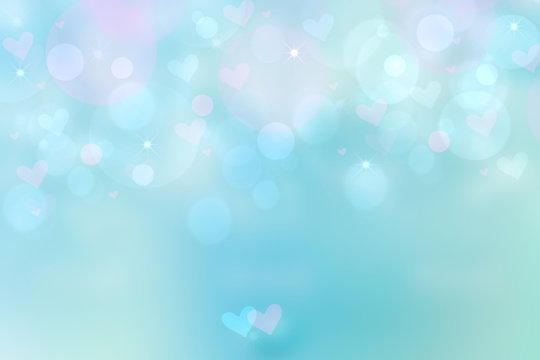 Abstract festive blur bright blue pastel background with blue hearts love bokeh for wedding card or Valentine‘s day. Space. Card concept.