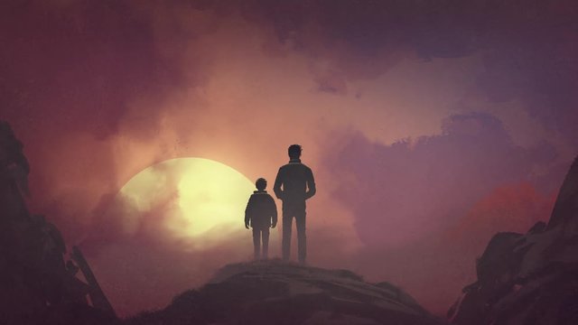 motion graphic of father and son standing on the mountain looking at the sun rising in the sky