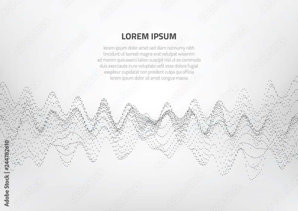 Poster abstract background with volumetric forms of particles. particle oscillation and motion of waves in 