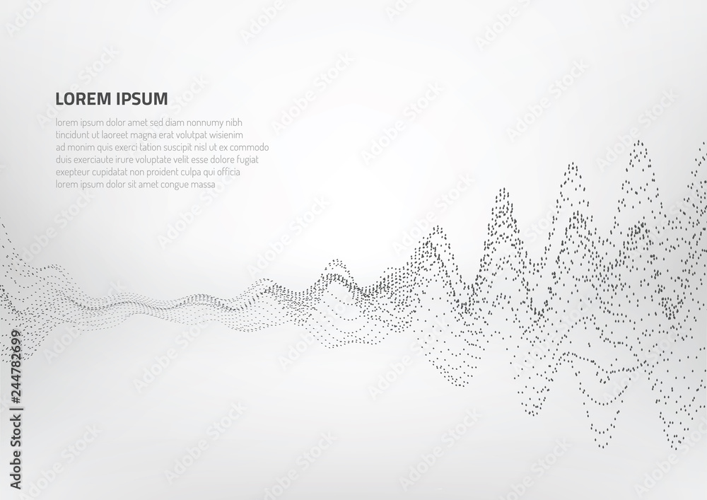 Poster abstract background with volumetric forms of particles. particle oscillation and motion of waves in 