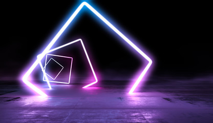Naklejka premium Glowing lines vibrant colors tunnel abstract background. Neon pink blue lights in empty space with smoke. 3d render.