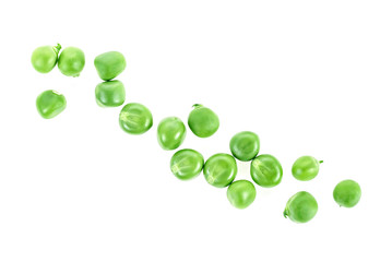 Fresh green peas on a white background, top view.