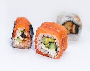 Closeup of delicious japanese food with sushi roll