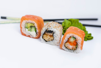 Closeup of delicious japanese food with sushi roll
