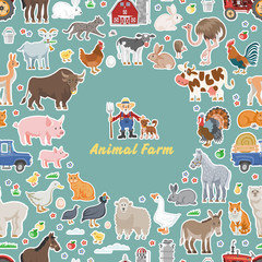 Vector color cartoon animal farm seamless pattern with basic country pet.