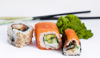 Closeup of delicious japanese food with sushi roll