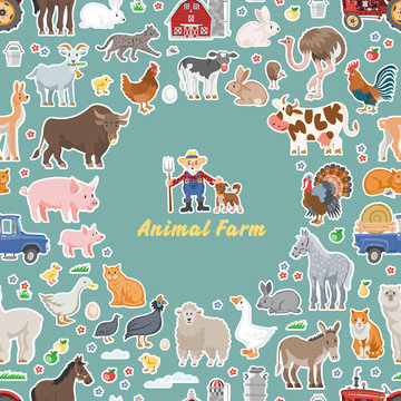  Vector color cartoon animal farm seamless pattern with basic country pet.