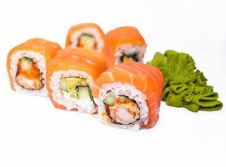 Closeup of delicious japanese food with sushi roll