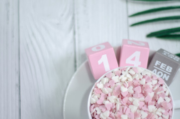 Obraz na płótnie Canvas Pink square wood with white numbers 1 and 4.Gray square wood with white letters FEB.February 14 Valentine's Day