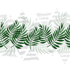 A border of tropical leaves and triangles. seamless patterns. Frame of green leaves and gray triangles.Vector. Eps10.