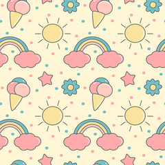 cute colorful cartoon seamless vector pattern background illustration with rainbows, sun, clouds, ice creams, stars and flowers