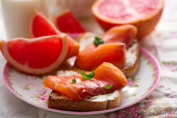 Cheese and salmon sandwiches .Healthy breakfast.