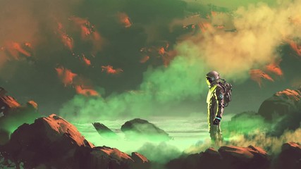 the astronaut standing on glowing swamp, seamless loop animation, digital art sci-fi concept with cinemagraph style