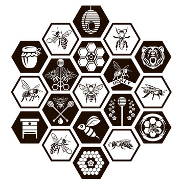 collection of emblems with bee and honey on black background