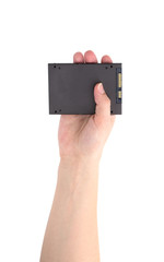 SSD drive isolated on white background. Internal ssd drive in hand on a white background.