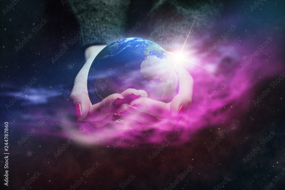 Aufkleber protect our world in woman hands and nebula dust. mixed media .elements of this image furnished by n