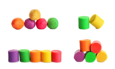 Set of colorful play dough on white background