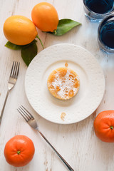 Healthy drink and dessert. Thai blue tea anchan with lemon pie and fresh fruits on white background