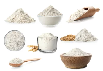 Selbstklebende Fototapeten Heap of wheat flour on white background © New Africa