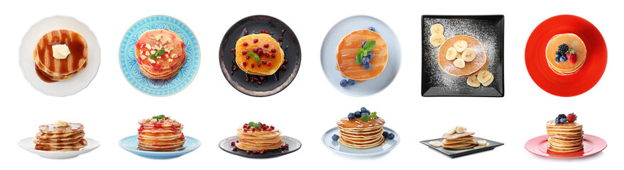 Set of plates with delicious pancakes and different toppings on white background