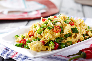 Delicious Chinese food, fried eggs with chili
