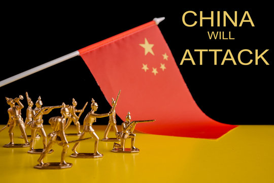 Attack China. Close-up of miniature plastic toy soldiers at war. Concept of courage, fighting and patriotic spirit. Selective focus. Flag of China - Powered by Adobe