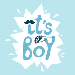 Child shower poster with cute blue baby graphic on broken glass background. Vector invitation for kid. Child abstract print with lettering - it's a boy. Greeting card for arrival little baby boy.