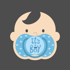 Baby sign or emblem with boy child face with blue nipple on a black background. Vector sticker with text - it's a boy. information banner or poster print. Cute children logo or label