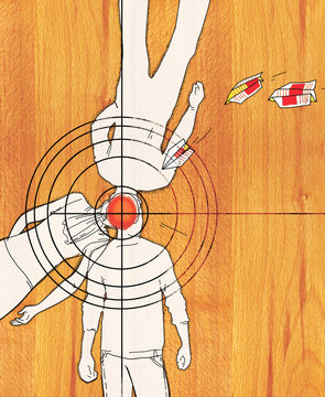 Information attack. Heads of people from the center of the target. Paper airplanes from newspapers fly into the target. On beech wood texture background.