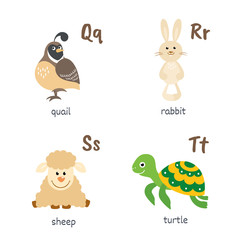 Animal alphabet with quail rabbit sheep turtle characters