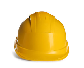Protective hard hat on white background. Safety equipment