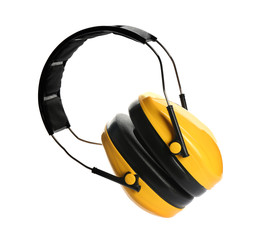 Protective headphones on white background. Safety equipment
