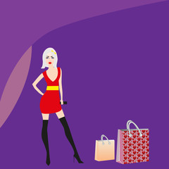 packs with a girl/In the picture a screensaver with a girl on a shopping bag, with shopping, a girl in a dress boots. Picture for packing, billboards, presentations.