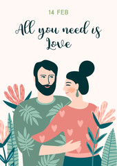 Romantic illustration with people. Vector design concept for Valentines Day and other users.