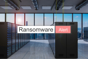 ransomware alert in red search bar large modern server room skyline view, 3D Illustration