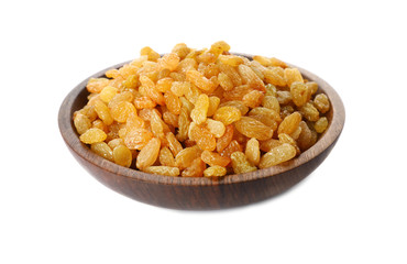 Bowl with dried golden raisins isolated on white. Healthy nutrition with fruits