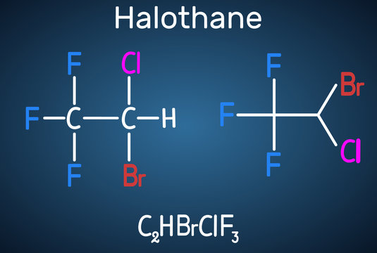 Halothane general anesthetic drug molecule. Structural chemical formula on the dark blue background. Sheet of paper in a cage