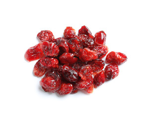 Heap of cranberries on white background. Dried fruit as healthy snack