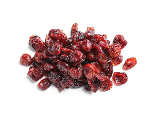 Heap of cranberries on white background, top view. Dried fruit as healthy snack